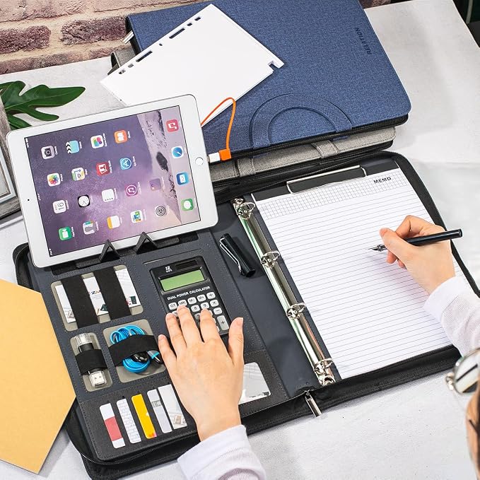 Leather Padfolio Portfolio, Business Conference Organizer Notepad Folder Bag for Women/Men(with Calculator, Light Gray)