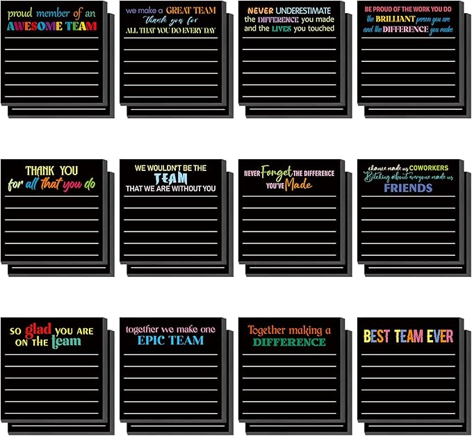 Yinder 24 Pcs Inspirational Sticky Notes Thank You Gift Motivational Sticky Note Pad Employee Appreciation Gift Bulk for Staff Coworker Teacher Nurse Office Groups 3 x 3'' (Team,Black)