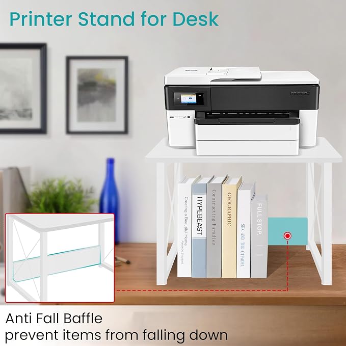 ELITEROO Desktop Printer Stand with Storage, Printer Stand Shelf | Desk Organizer shelf for Home, Modern Wood Printer Riser Under Desk Small Table for Printer Fax Machine Copier Scanner, White