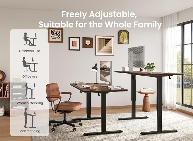 BANTI 63 × 28 Inches Standing Desk, Ergonomic, Electric Height Adjustable, Sit and Stand Up, Computer Desk with a Deeper Desktop, Black Frame/Black Walnut Top