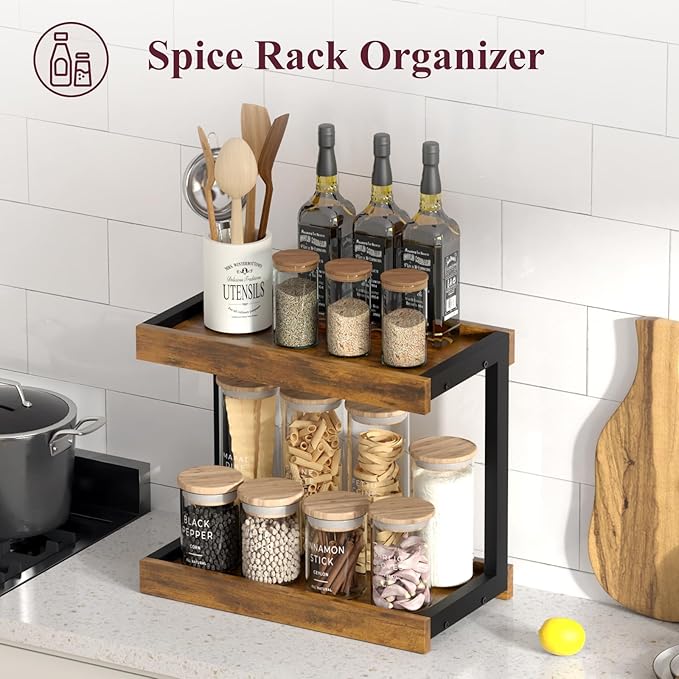 MARTY Counter Shelf Organizer, Large Spice Rack for Countertop, Brown | 2 Tier Serving Tray, 15.75"x8.9"x14.4" Large Display Stand, Coffee Bar/Station Organizer for Mugs Cups, for Kitchen Pantry