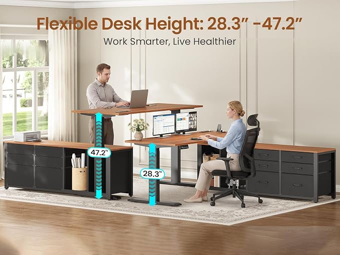 SEDETA L Shaped Electric Standing Desk, 55" x 55" Height Adjustable Corner Office Desk with 6 Fabric Drawers and Storage Shelves, Stand up Home Office Desk with Power Outlet, Black and Brown