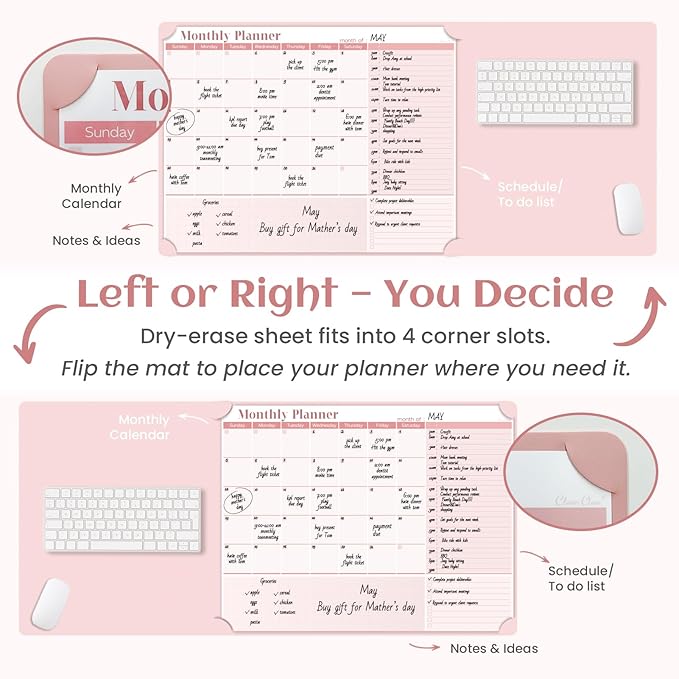 Multi-Functional Dual-Layer Dry Erase Desk Mat, Dry Erase Calendar for Desk - Erasable Desktop Writing Board with Calendar - Non-Slip Faux Leather Desk Protector for Home&Office - 16"x34" Pink