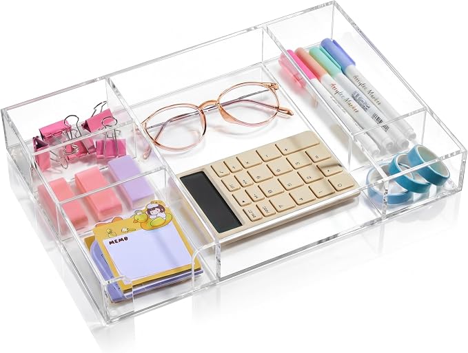 Briwooody Clear Acrylic Drawer Organizer,6 Compartments,Large | 12.8 x 8.8 x 12.6 Inch Desk Storage Tray Organizer for Pen, Stationery, Desktop, Office, Bathroom, Kitchen, Makeup Supplies