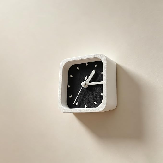 Mini 3 Inch Silent Analog Clock, Magnetic & Wall Mountable, Square Minimalist Design, Battery Operated, Black & White, for Bedroom, Kitchen, Office & Desk (White)