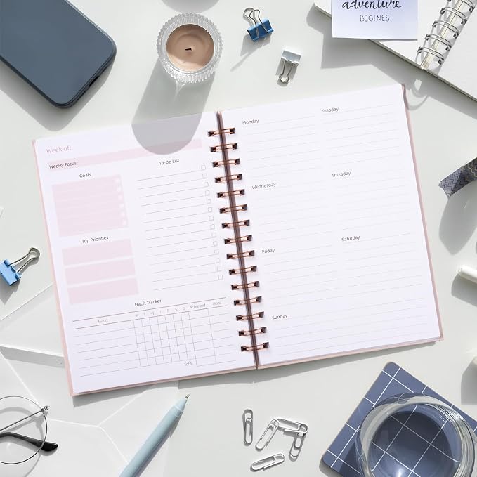 Undated Weekly and Monthly Planner Spiral Bound- Weekly Goals Notebook, To Do List, Habit Tracker Journal, Academic, Aesthetic, Stylish School or Office Supplies (6.1" x 8.4" - Pink)