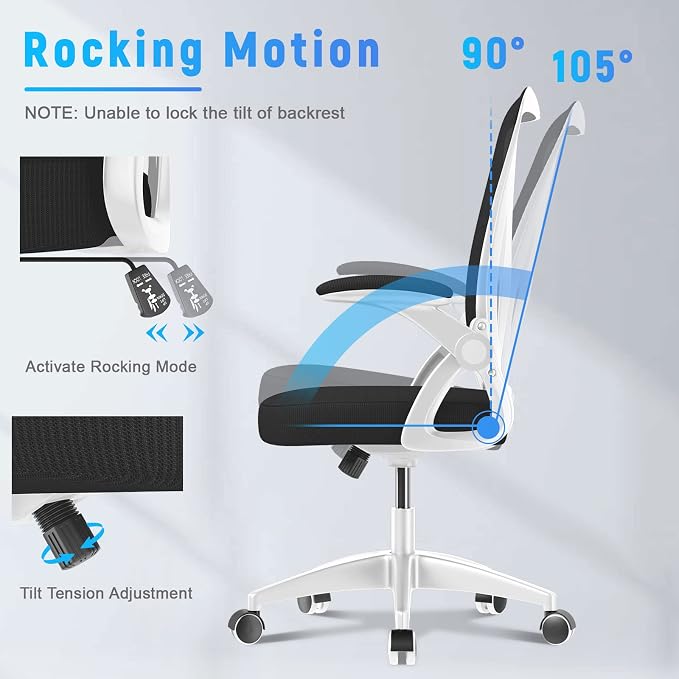 naspaluro Home Office Desk Chair Mid Back with Adjustable Height WhiteFrame | Comfy Ergonomic Chair with Flip-Up Arm and Lumbar Support, Breathable Mesh Swivel Computer Chair for Study Working Teacher