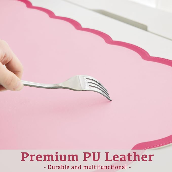 Scalloped Desk Mat, 31.5" x 15.7" Hot Double Pink Large Cute Aesthetic Desk Accessories, PU Leather Computer Laptop Desk Mouse Keyboard Pad, Desk Writing Mat for Vanity/Work/Home Decor Coral