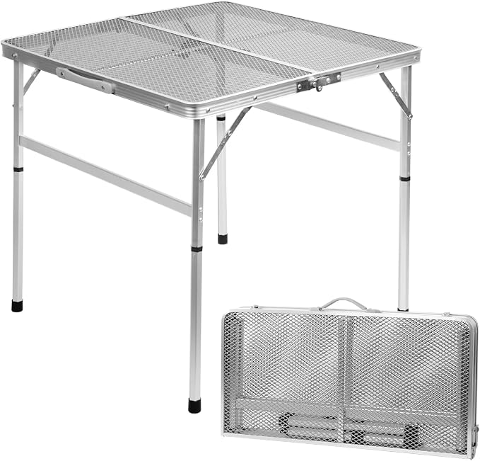Square Folding Card Table with Adjustable Height (12" & 26"), Silver Portable Metal Mesh Table for Camping, BBQ, Picnic, Game, Patio & Indoor Use, Fits 2–4 People, Lightweight 7.6 lb, Supports 66 lb