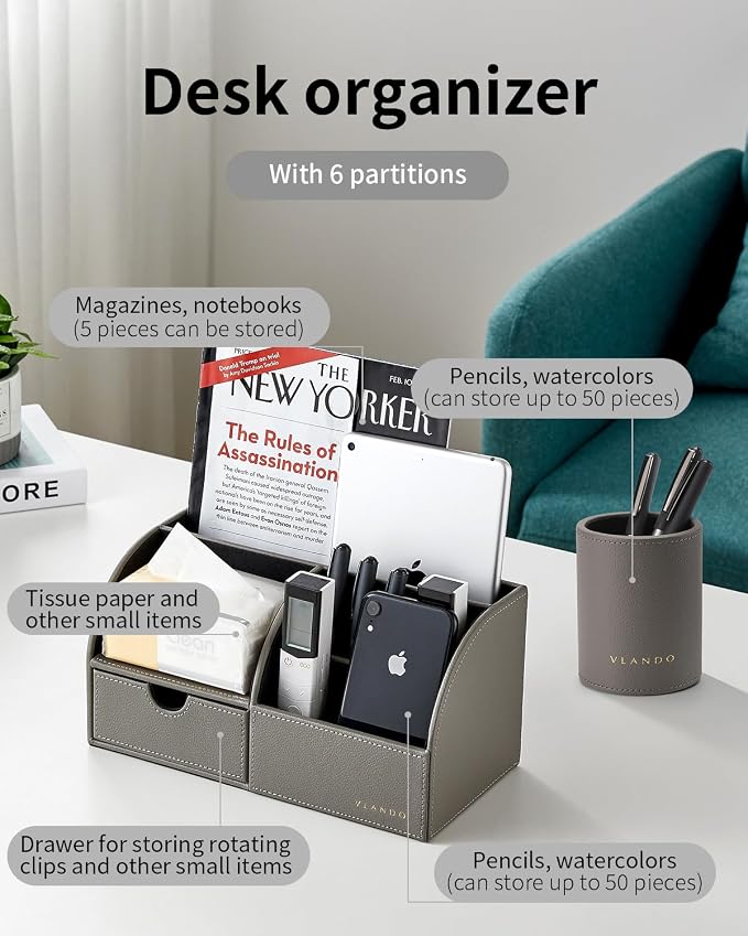 VLANDO 2 Pcs PU Leather Desk Caddy Set with Drawer,Pen Holder | Desk Organizer Set for Home Office,Nightstand Organizer，Office Supplies,Gifts for Men,Gray