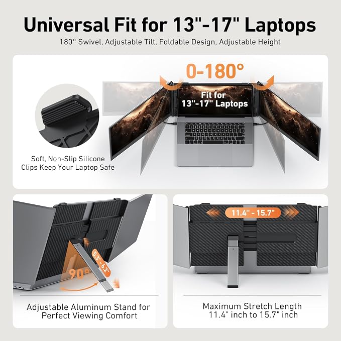 Vixtan 2.2lb Ultra-Light Laptop Screen Extender, 14.1" Triple Portable Monitor for Laptop, Ultra-Thin 1080P FHD Monitors for 13-17.3" Laptops, Triple Monitor Extended for Windows/Mac/Chrome