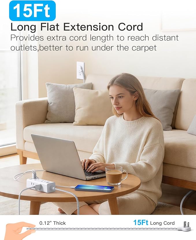 Flat Plug Extension Cord 15Ft, One Beat Surge Protector Power Strip 15 Ft Cord with 6 Widely Outlets 4 USB Ports (2 USB C), 3 Way Wall Outlet Extender Extension Cord for Home Office College Dorm Room