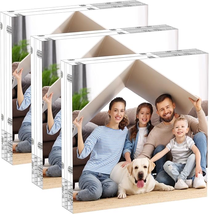 AITEE 5x5 Acrylic Picture Frames 3 Pack, Clear Picture Frames，20% Thicker | Freestanding Double Sided Magnetic Acrylic Lucite Frameless Transparent Square Frame Block Gift for Desktop Display