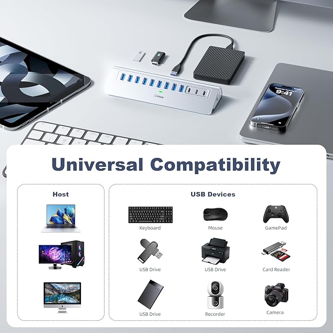 Powered USB Hub 10Gbps, intpw 12-Port USB 3.2 Hub with USB A/USB C 3.2, 7 USB 3.0, 2 PD 45W Charging Port, 65W Power Adapter and 5FT Cable, Aluminum USB Hub for Laptop, iPhone 17/16/15/PC