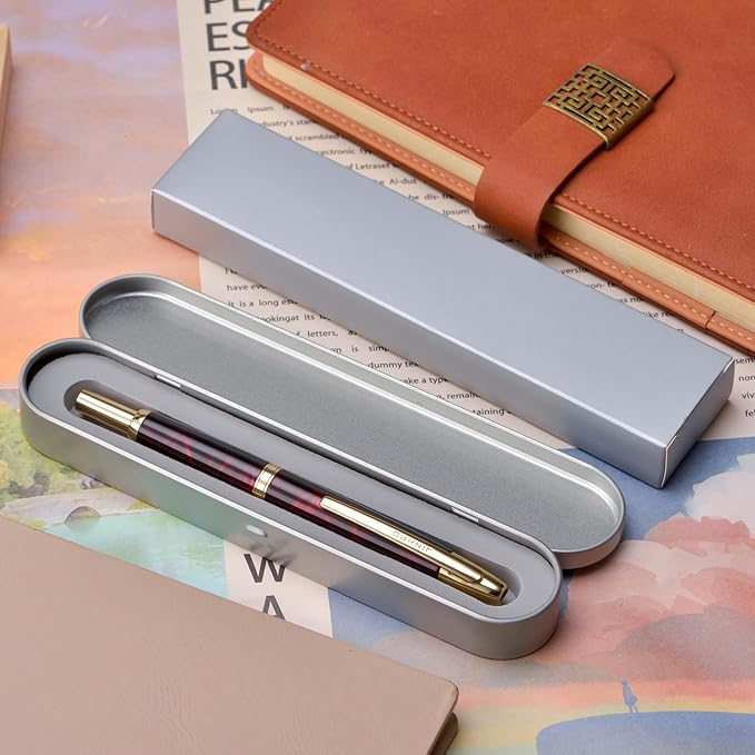 Jinhao 10 Press Fountain Pen with Box, Marble Red Retractable Fine Nib with Ink Converter Set (Golden Clip)