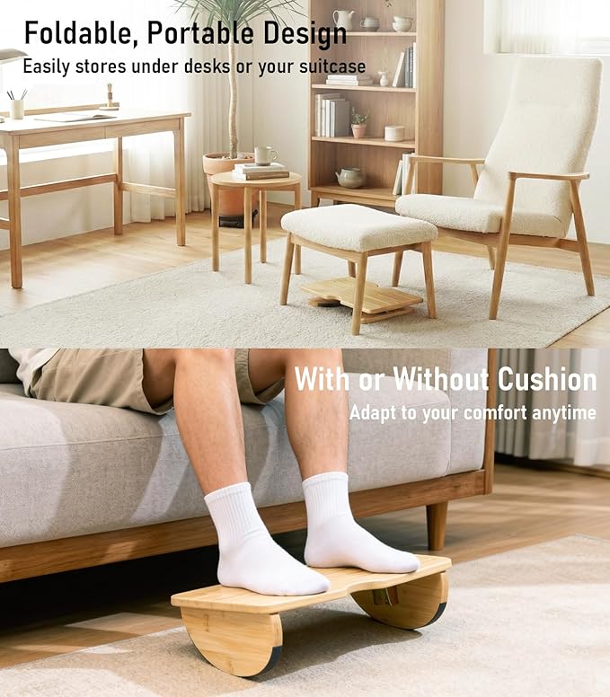 Bamboo Foldable Foot Rest Under Desk with Washable Cushion,Ergonomic Foot Stool,Rocking Footrest for Under Office Desk, Desk Leg Rest for Home Office (Natural Color)