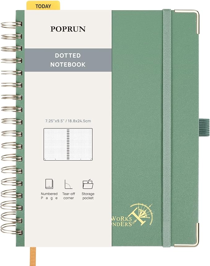 POPRUN Dotted Journal Spiral Notebook, B5-7-1/4 x 9-1/2", 220 Pages, 120 GSM Dot Grid Notebooks, Hardcover Spiral Journals for Writing Journaling Drawing Women Men Work School, Midnight Green