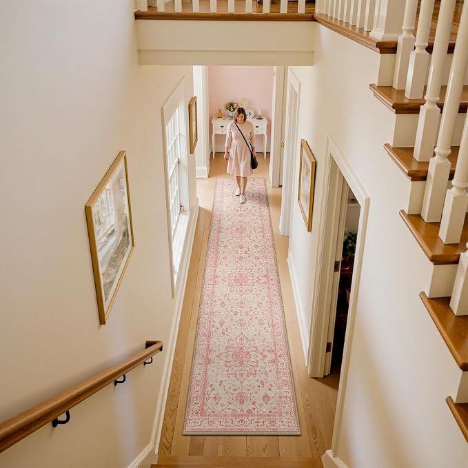 RELEANY Area Rugs Runner 2'x10' Washable Non-Slip, Floral Vintage Distress Medallion Carpet for Kitchen Hallway Bedroom Beside Laundry Room Bathroom, Pink Light Vintage Pink