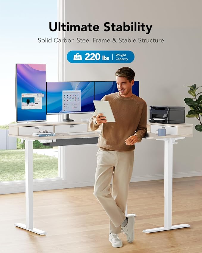 HUANUO 65″ L Shaped Standing Desk with 3 Drawers, Electric Height Adjustable Corner Computer Desk with Power Outlets & LED Strip, Sit Stand Up Desk for Home Office, Natural Wood