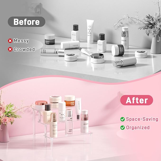 2 Packs Acrylic Display Stand Riser,3 Tier Perfume Organizer Cupcake Stand | Acrylic Pop Shelves Holder,Clear Desk Display Shelf for Figure,Trinket,Collectibles,Dessert Tray Stands for Party Decor-7.9in