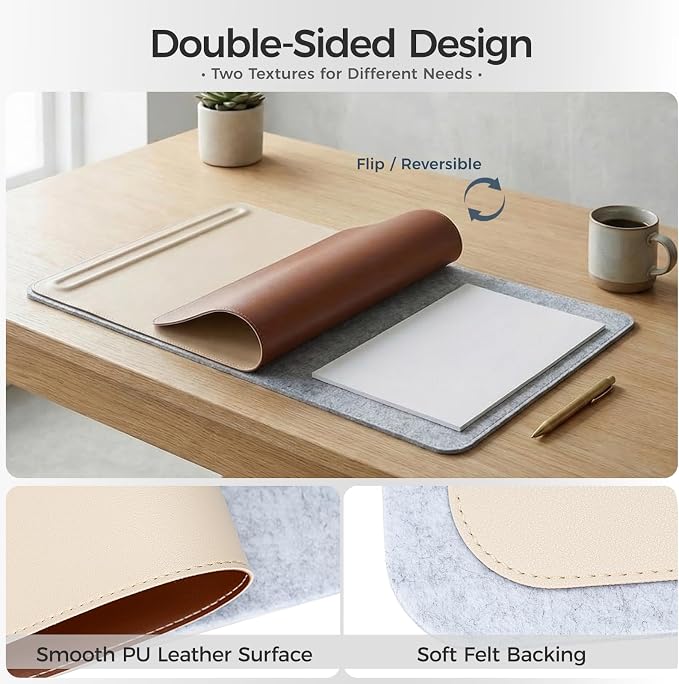 Desk Mat – Double-Sided Vegan Leather & Felt | Built-In Magnetic Cable Organizer & File Storage | Premium Workspace Pad for Office, Gaming & Creative Professionals-（Beige）