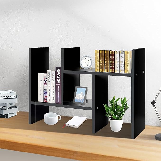 J.M.Deco Desktop Organizers and Storage for Office, Adjustable Desktop Organizer Shelf Double H Display, True Natural Stand Shelves, Black