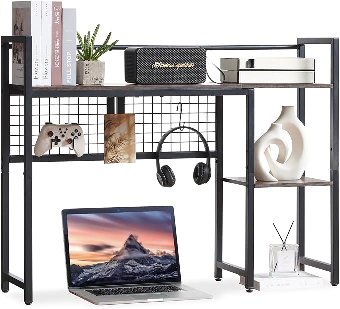 4-Tier Desk Hutch Shelf with Grid Panel, 39” Desktop Bookshelf for Monitor, Office & Home (Rustic Brown, 39")