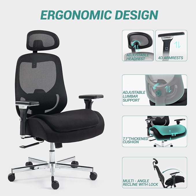Big and Tall Office Chair 750lbs, Heavy Duty Ergonomic Mesh Desk Chair, 500+lbs Capacity, Extra Wide Seat, High Back Executive Computer Chair for Heavy People, Black & Grey