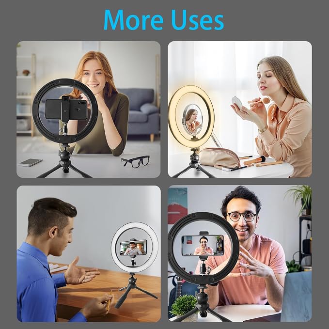 10" Desk Ring Light with Stable Tripod & Interchangeable Makeup Mirror/Phone Clamp, 120 LEDs 5 Dimmable Color & 10 Brightness Level, Ring Light for Desk/Zoom/TikTok/Makeup