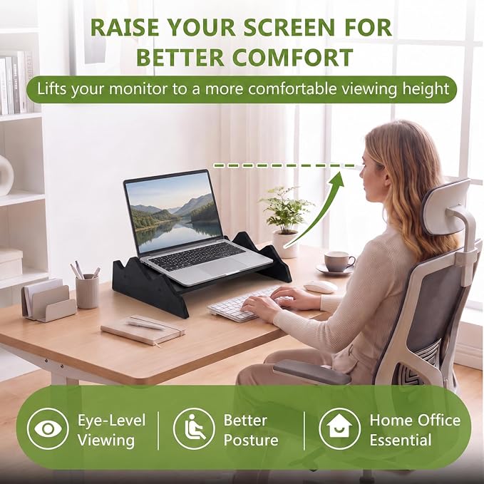 Wenqik Solid Pine Wood Laptop Riser, 14.2" Wooden Laptop Stand for Desk, Monitor Shelf with Keyboard Storage, Minimalist Desktop Organizer for Dorm Room, Home Office, Black(Mountains Design)