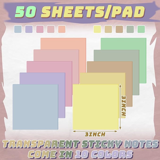 Jetec 500 Sheets Transparent Sticky Notes Bulk 3x3 Pastel See Through Sticky Notes Clear Books Annotation Tabs Self Adhesive Waterproof Translucent Memo Pad for Office Bible(Mixed Color,Vintage)
