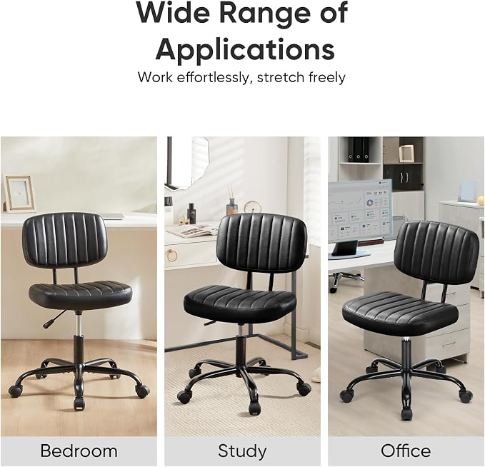 DUMOS Small Office Desk Chair, Armless Vanity Chair with Lumbar Support | PU Leather, 360° Rolling Task, Height Adjustable, Home Bedroom, Adult, Student, Black