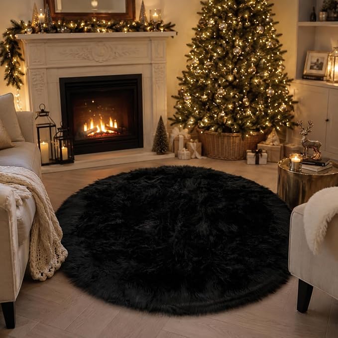 EasyJoy Faux Sheepskin Rug, Fluffy Faux Fur Rug, Ultra Soft Shag Area Rug with Non-Slip Backing for Bedroom, Living Room, Nursery, Kids Room(4 x 4 ft Round, Black)