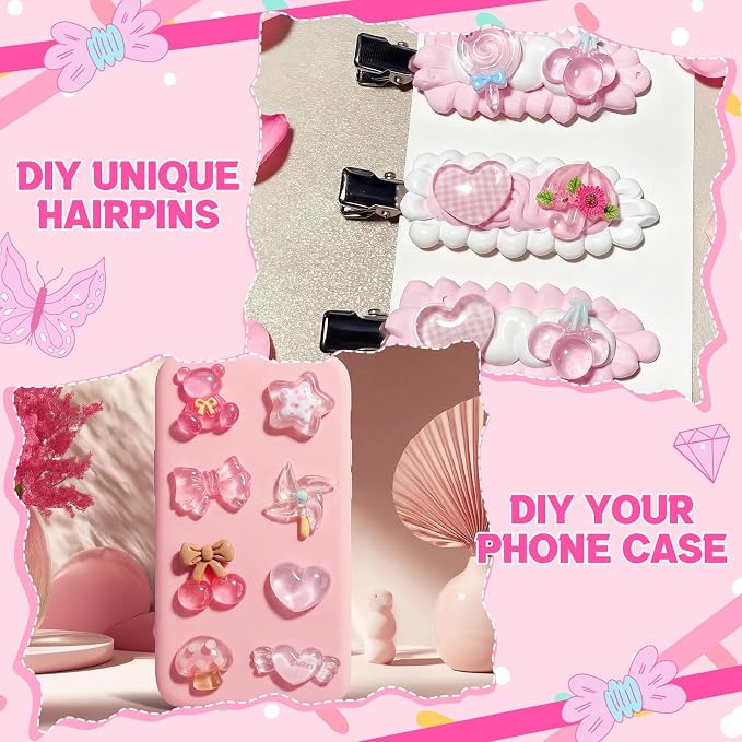Giegxin 40 Pcs Pink Charms Bulk Cute Transparent Embellishments Pink Heart Bows Mixed Ornament Flatback Cabochon Kawaii Accessories for Jewelry Cellphone Case Scrapbooking Headband DIY Craft Making