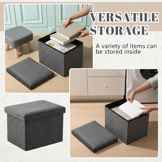 Thyle Storage Ottoman Cube, Small Foldable Footrest Stool for Under Desk Use, Sturdy Corduroy Ottoman with Storage for Snacks, Toys, Living Room, Bedroom, Dorm or Home Office, 16x12x12 Inch(Grey)