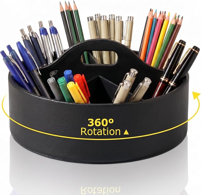 360° Rotating Leather Desk Storage Organizer with 6 Slots and Handle Extra-large Pen Holder Spinning Pencil Storage Lazy Susan Organizer Office Desk Supplies Marker, Art Supply(Black)