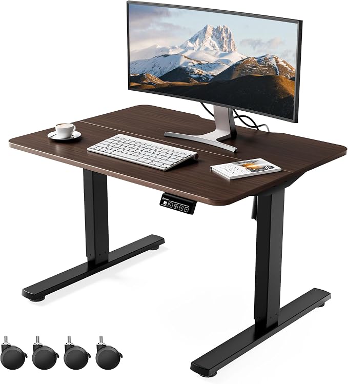ERGOMAKER Low Height Adjustable Desk with Lockable Wheels, Lifts 18.9"-29.5", 31.5" x 23.6" Electric Small Standing Desk with Splice Board for Home Office & Short People(Black Frame, Walnut Desktop)