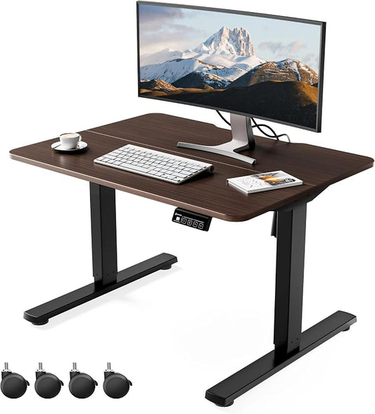 ERGOMAKER Low Height Adjustable Desk with Lockable Wheels, Lifts 18.9"-29.5", 31.5" x 23.6" Electric Small Standing Desk with Splice Board for Home Office & Short People(Black Frame, Walnut Desktop)
