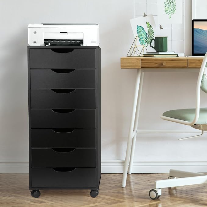 TUSY 7 Drawer File Cabinet with Wheels, Mobile Wood Storage Cabinet for Home Office, Rolling Drawer Organizer for Office Supplies, Printer Stand, Black