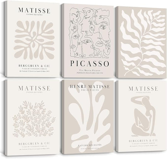 Henri Matisse Wall Art Prints Flower Abstract Canvas Pictures Aesthetic Beige Wall Art Decor Matisse Picasso Poster Gallery Vintage Painting Matisse Artwork for Bedroom 12x16 Inch Set of 6 Ready to Hang