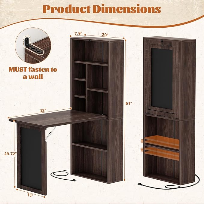 Armocity Small Folding Desk with Outlets, Convertible Writing Desk for Small Spaces/Home Office/Craft Room, Multi-Function Desk Workstation with Blackboard, Fold-Out Cabinet Table, Black Walnut