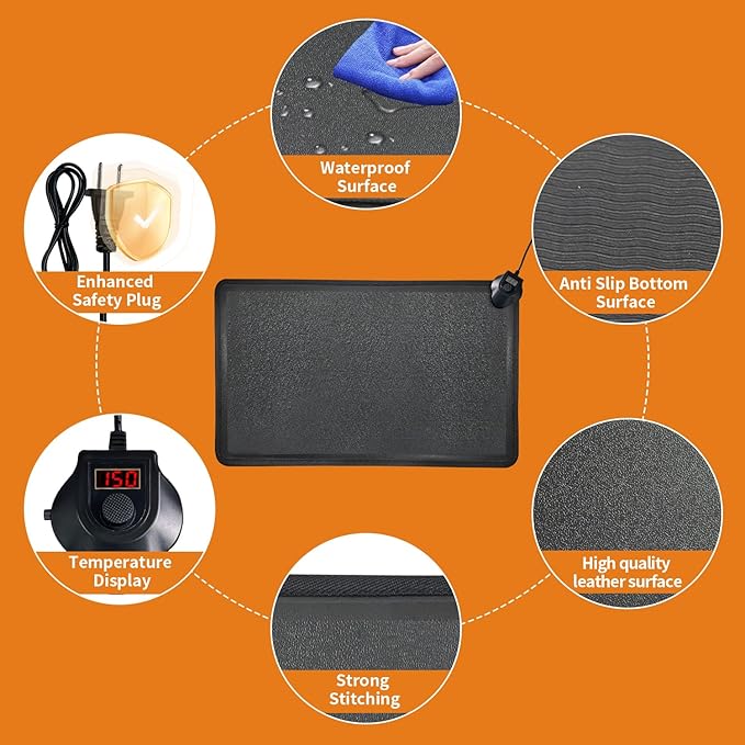 Heated Anti Fatigue Mat - Warming Comfort & Durable Standing Mat at Home, Kitchen, Office, Heating Standing All Day Non Slip Floor Mats for Winter - Easy to Clean, Waterproof - Black