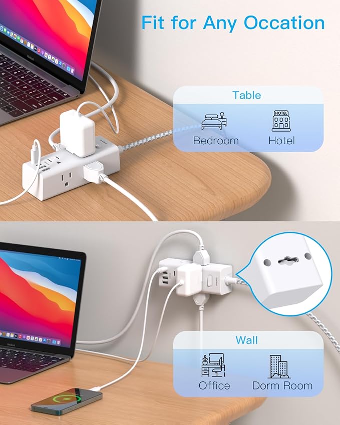 Short Extension Cord 3Ft, Flat Plug Power Strip Surge Protector - 6 Widely Outlets with 4 USB Ports (2 USB C), Wall Mount Small Power Strip for Travel Home Office College Dorm