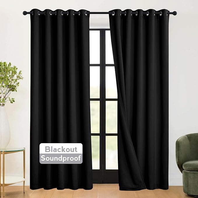 RYB HOME 3-in-1 Soundproof - Blackout - Energy Saving Room Divider Curtains, Extra Wide Window Curtains for Bedroom Living Room Loft Baby Nursery, Black, Wide 62 x Long 84 inches, 2 Panels