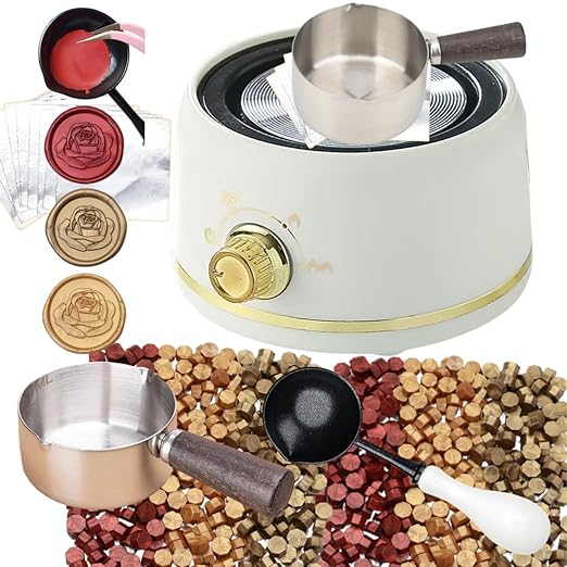 Sealing Wax Warmer Electric, Electrical Wax Seal Warmer Melting Furnace Kit with 300pcs Metal Waxseal Beads, a 80ml Large Spoon, a Non-Slip Melt Scoop(300 Metal White Set)