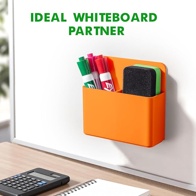 2 Pcs Magnetic Dry Erase Marker Holder for Whiteboard, Plastic Magnetic Pen Holder for Refrigerator Fridge, Magnet Pencil Cup for School Classroom, Locker Accessories,Pen Cup Organizer-Orange