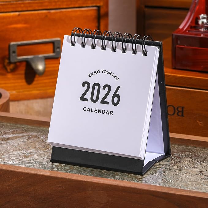Mini Desk Calendar 2026-2027- Small Desktop Calendar January 2026 to June 2027 Mini Daily Schedule Thick Paper Twin-Wire Binding with Stickers for Home Office School (Black-white)