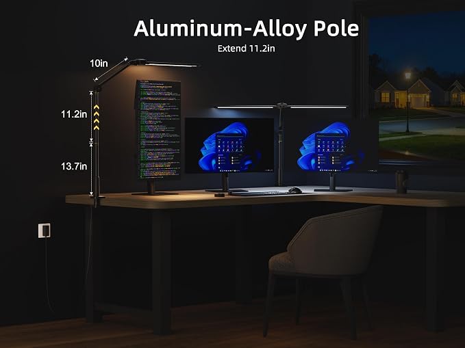 LED Desk Lamp for Home Office, Sensor Switch, 270° Rotatable & Extendable Aluminum Alloy Arm Desk Light, 24W Dimmable 3 Color Modes Eye-Caring Dual Lamp Head Monitor Reading Study Task