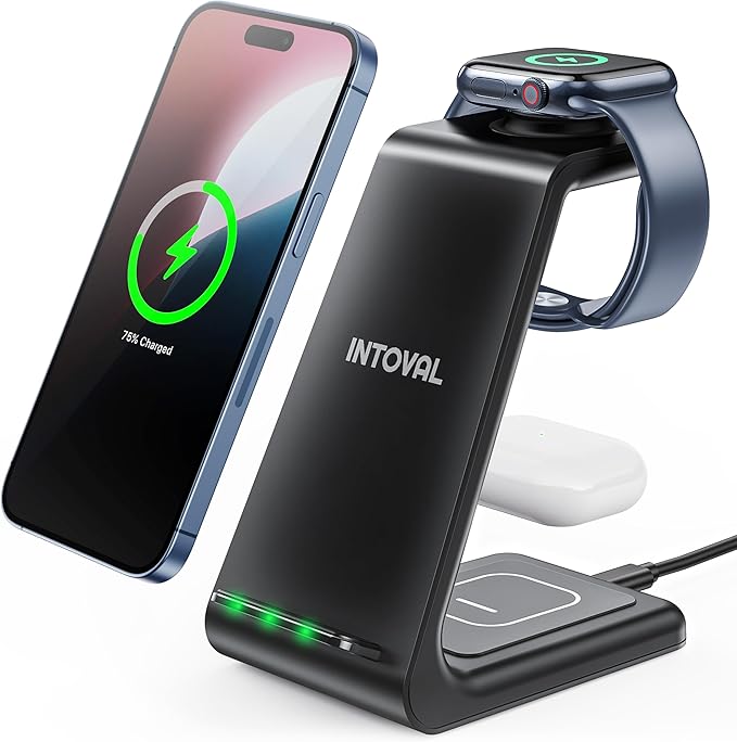 Intoval 3 in 1 Wireless Charging Station for iPhone and Apple Watch,Fast Wireless Charger Stand,Compact Desk Charging Dock for iPhone17 16 15 14 13/Pro/Max, iWatch11 10 9 Ultra/SE 3/3,AirPods