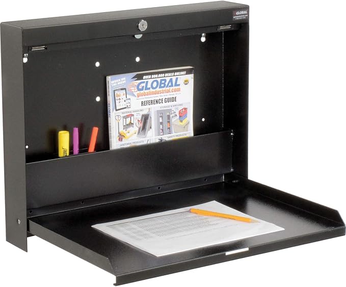 Global Industrial Wall Mounted Fold Down Shop Desk with keyed Lock, 50 Lbs Capacity, Steel Construction, 20" W x 3-3/8"D x 16-3/8"H, Black Powder Coat Finish